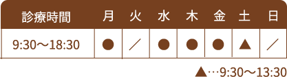 診療時間：9:30~18:30 休診日：火・日・祝